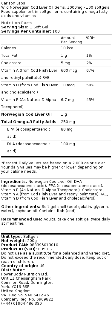 Wild Norwegian Cod Liver Oil Gems, 1000mg - 250 softgels - Billede 2