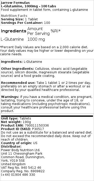 L-Glutamin, 1000mg - 100 tabs - Billede 2