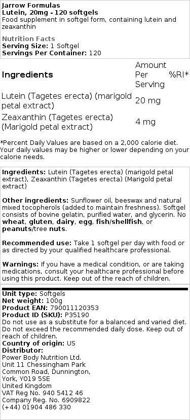 Lutein, 20mg - 120 softgels - Billede 2