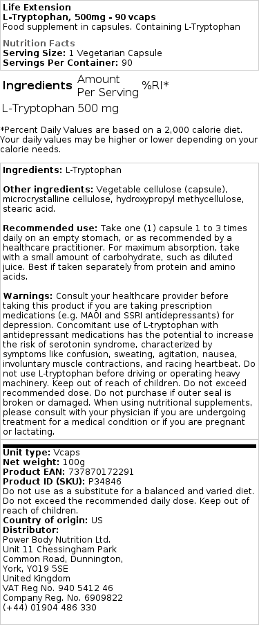 L-Tryptophan, 500mg - 90 vcaps - Billede 2