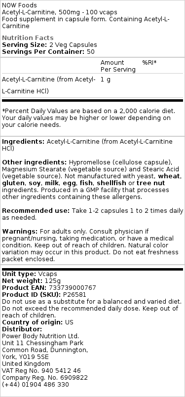 Acetyl-L-carnitin, 500mg - 100 kapsler - Billede 2
