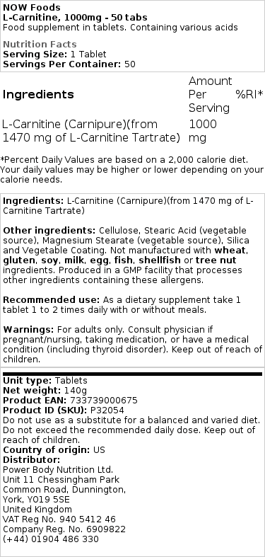 L-Carnitin, 1000 mg - 50 tabletter - Billede 2