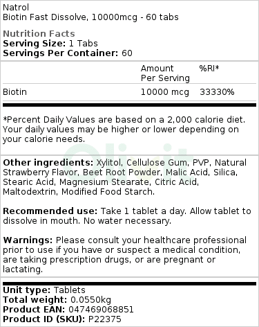 Biotin Fast Dissolve, 10000mcg (jordbær) - 60 tabs - Billede 2