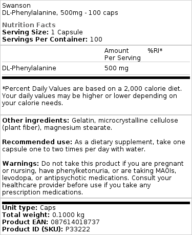 DL-Fenylalanin, 500 mg - 100 kapsler - Billede 2
