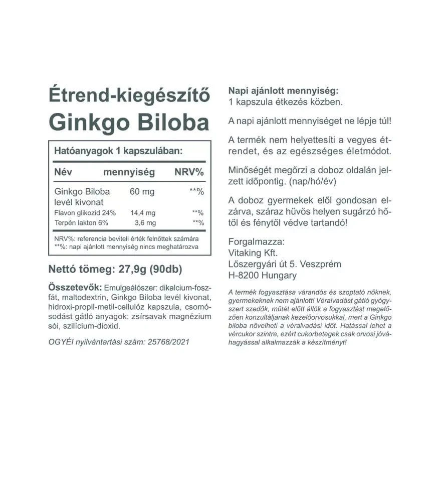 Vitaking – Ginkgo Biloba Leaf Extract 60mg – 90 capsules - Image 2